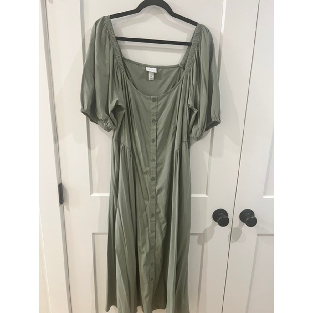 Ava & Viv Women XXL Sage Green Short Puff Sleeve Button Front Midi Dress Boho